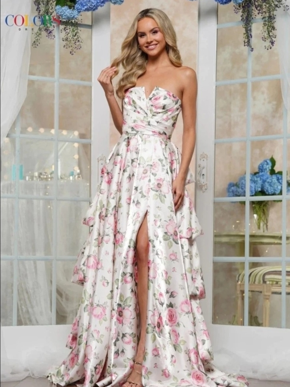 Colors Women's Strapless Pink Rose Print Gown 3608